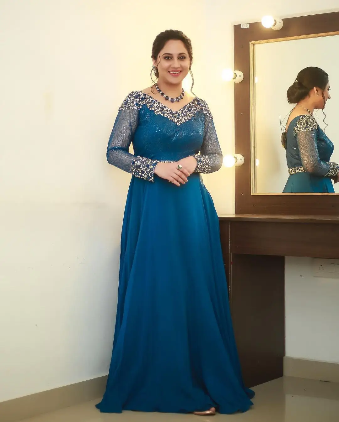 Miya George Wearing Beautiful Earring Jewellery Blue Dress